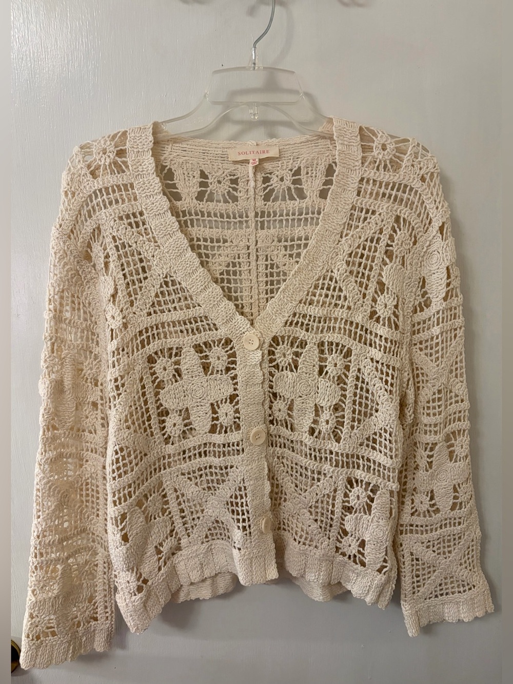 Solitaire Cream Crochet V-Neck Button Cardigan